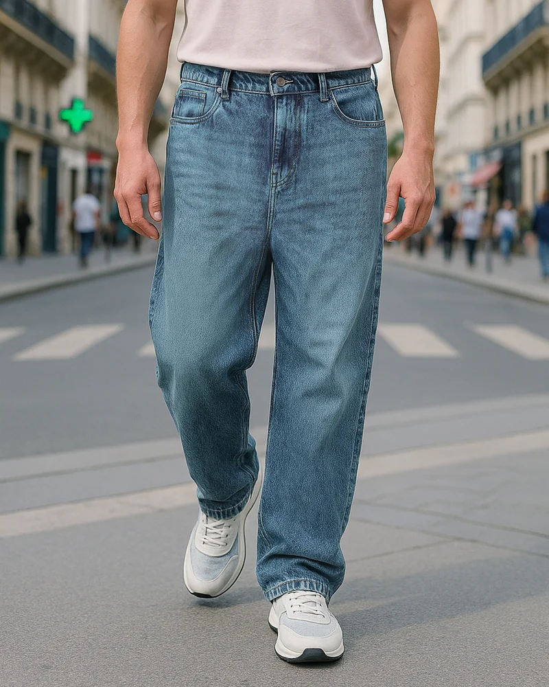 بيواكوف Men's Blue Washed Super Baggy Fit Mid-Rise Jeans